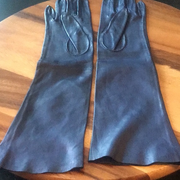 Navy blue leather Long gloves 6 1/2 vintage - Picture 2 of 7